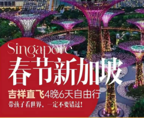 【2024寒假春节】新加坡自由行 <国航/新航/吉祥 >机票+团签，上海直航